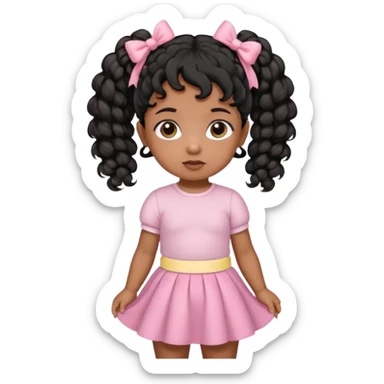 a brown skin baby with curly hair and a baby pink skirt and baby pink bows with her hair in pigtails and black hair sticker