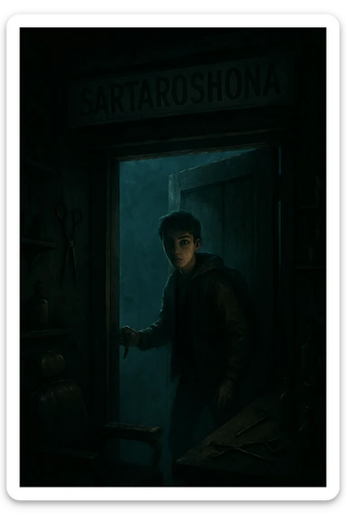 Sartaroshxonaga kirib kelayotgan o'smirin bola u eshikni ochayapti rakurs ichkaridan g'ira shira  sticker