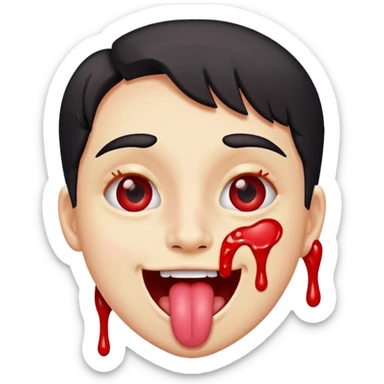 Spilt glue on their face but is happy and smiling with their tongue out but their eyes are red sticker