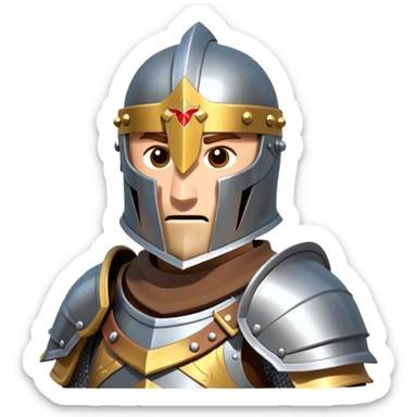 clash-of-clans-aesthetic_-cinematic-fearsome-and-majestic-knight-bust-portrait-emoji, rendered in a flat, vector-style with minimal shading and bold, simplified shapes typical of emoji art, depicting a battle-ready medieval knight standing, mounted on a heavily armored warhorse with plated barding gleaming in the sunlight. sticker