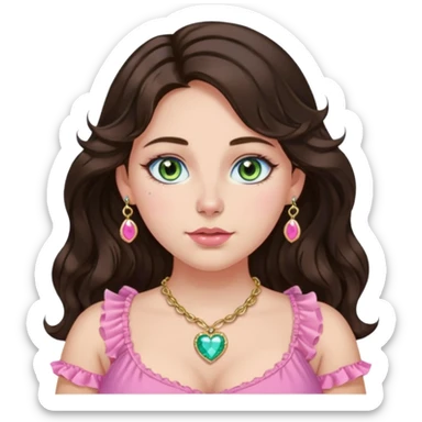 Girl girl with long wavy dark brown hair with middle part, centralized heterochromia blue green gold eyes, plus size, pink frilly top, right nostril gold nose ring, small pink heart crystal necklace  sticker
