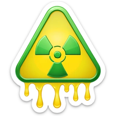 radioactive hazard symbol stylized to look like it is melting. The symbol is bright neon green and toxic yellow, with smooth dripping edges like liquid. sticker