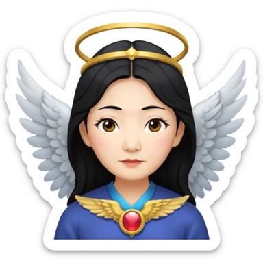 Angel Old Lady with wings black hair asian  smaller eyes w halo sticker