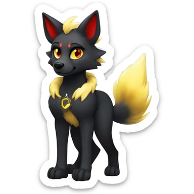 black Shiny Fionbri-Falvie-sparkle-wolf-sona with yellow eyes, red edgy markings full body fursona sticker