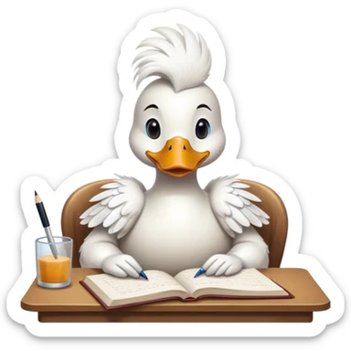a female duck at a table writing a book sticker