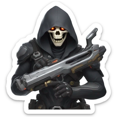 reaper from overwatch, holding his twin shotgun, shooting his ultimate move death blossom sticker