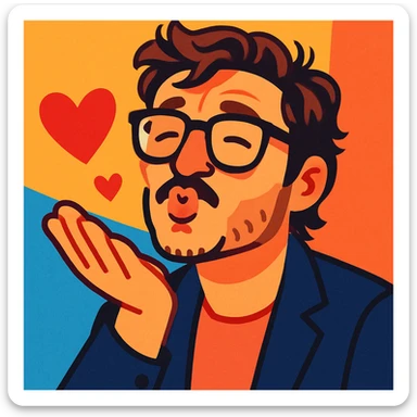 Pedro Pascal wearing glasses, blowing a kiss, fun and expressive style, playful and charming, cute and animated, warm and friendly expression sticker