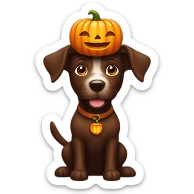 A chocolate doodle dog with a jack on lantern on its head sticker