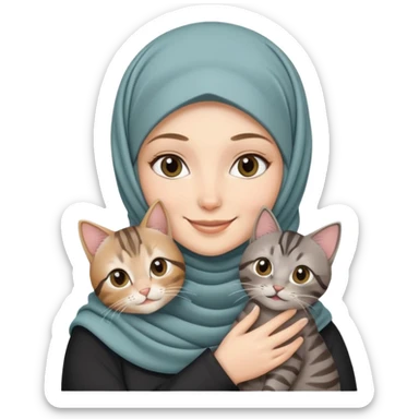 White girl wearing hijab holding a black grey tabby cat while smiling sticker