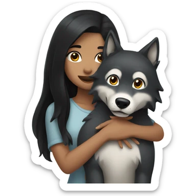 Girl with black hair hugging a wolf sticker