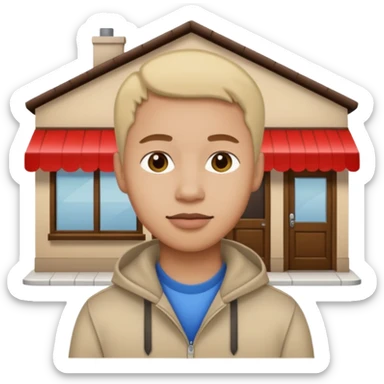 a single 2D line-drawn character + small shop sticker