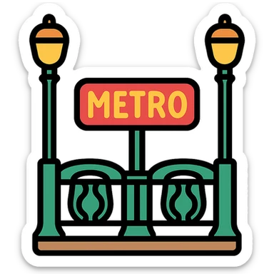 Parisian metro entrance showing the iconic lamp posts and decorative railings in color outline icon style sticker