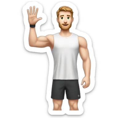 Close up Actively gesturing  with hands Pale skinned Fit Man With the biceps and brown hair in dark gray Sleeveless Mike, black oversize sports shorts, watch and white Sneakers sticker
