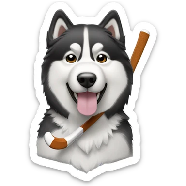 Black and White alaskan malamute with hockey stick sticker
