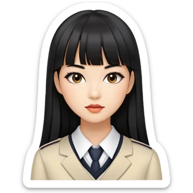 fashionable woman with Asian skin tone, long straight black hair with straight bangs, school uniform, and stylish makeup sticker