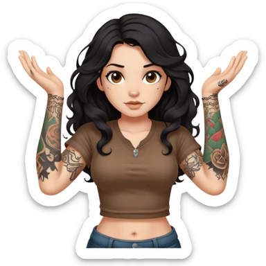 A girl with fair skin and a little fat - long black hair with big waves - tattoos on her arms - wearing a brown navel-revealing short-sleeved shirt sticker