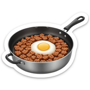 A 3D cartoon frying pan with minced meat being cooked, slight steam, realistic texture, Memoji-style. sticker
