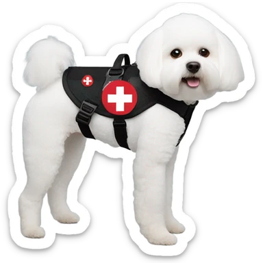 Bichon a service dog harness with a medical alert badge  sticker