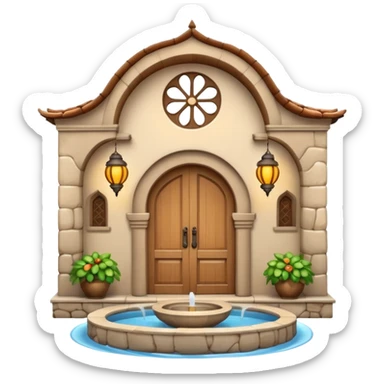 3D Apple-style emoji of a full traditional Turkish han. Rounded stone building with arched wooden doors and windows, small courtyard, fountain, arches, and hanging lanterns. Glossy, smooth, soft shadows, clean white background.






 sticker