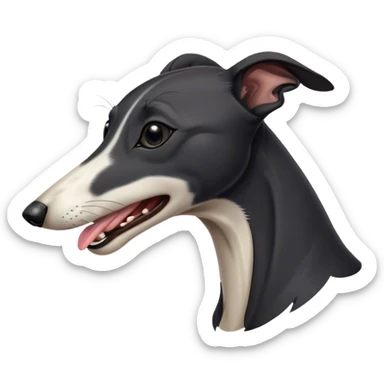 Cinematic Cute Yawning Black Greyhound Portrait Emoji, Head tilted slightly with a dramatic, wide-open yawn, showcasing a sleek black Fur with a polished finish, floppy ears slightly drooping, round dark eyes barely open in drowsy contentment, Simplified yet irresistibly adorable features, highly detailed, glowing with a soft, cozy glow, high shine, relaxed yet expressive, stylized with a touch of whimsy, bright and endearing, soft glowing outline, capturing the essence of a sleepy yet affectionate racer, so drowsy it feels like it could stretch out of the screen and curl up for a nap! sticker