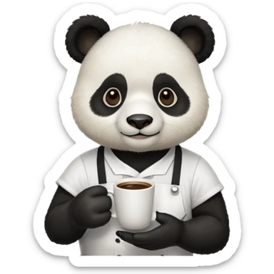 barista panda, wearing apron, holding coffee sticker