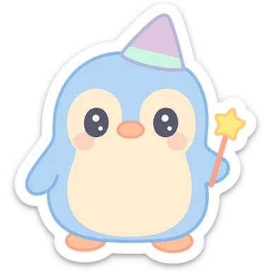 {
  "style_description": {
    "overall_look": "Cute, minimal, and soft with a friendly and playful tone",
    "material_simulation": {
      "primary_material": "flat digital color",
      "texture_detail": "smooth surfaces with no texture or shading",
      "pattern": "none or very simple decorative accents (e.g., hearts, stars)"
    },
    "geometry": {
      "edge_style": "rounded, soft curves with no sharp angles",
      "dimensionality": "flat two-dimensional appearance with simple shapes"
    },
    "color_palette": {
      "scheme": "pastel and light tones",
      "preferred_colors": ["pink", "mint", "lavender", "baby blue", "peach"],
      "contrast": "low contrast with bright accents"
    },
    "facial_features": {
      "eyes": "large, sparkly, often oval or circular",
      "mouth": "small, often a simple curve or dot",
      "expression": "joyful, innocent, or calm"
    },
    "lighting": {
      "type": "none or implied with soft highlights",
      "purpose": "maintain a clean and cheerful look"
    },
    "render_constraints": {
      "avoid": ["realistic shading", "high detail", "dark themes", "texture noise"],
      "focus_on": ["cute expression", "iconic simplicity", "emotional warmth"]
    },
    "background": {
      "color": "white or soft pastel",
      "style": "plain or patterned with simple icons (e.g., polka dots, stars)",
      "lighting_consistency": "no shadows, evenly lit feel"
    }
  }
}

{subject} = penguin wizard sticker