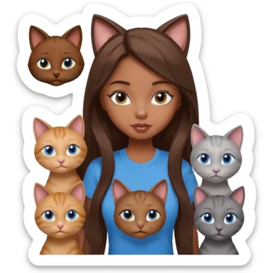 a pretty bratz dusky girl with long brown hair, blue eyes with six cats nd wearing a grey tshirt sticker
