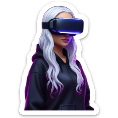 Daenerys Targaryen wearing a black hoodie with "OMG" letters on it and VR headset in a cyberpunk VR environment with violet neon lighting. sticker