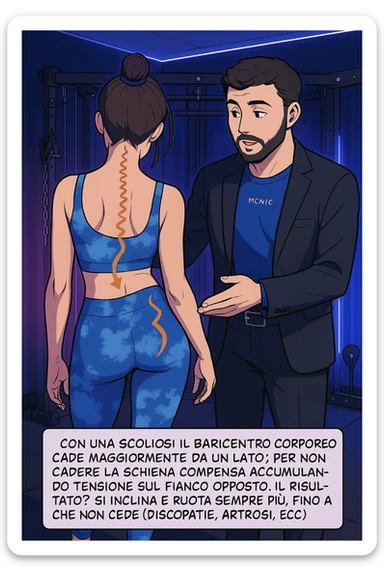 fai questa immagine in versione manga/webtoon a colori, il manga mostra la donna di spalle, mentre l'uomo le tocca la spina dorsale per spiegarle come funziona la scoliosi:
Con una scoliosi il baricentro corporeo cade maggiormente da un lato; per non cadere la schiena compensa accumulando tensione sul fianco opposto.
Il risultato? Si inclina e ruota sempre più, fino a che non cede (discopatie, artrosi, ecc) sticker