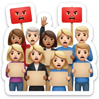 a crowd of people with angry faces and holding placards that read: we disagree sticker