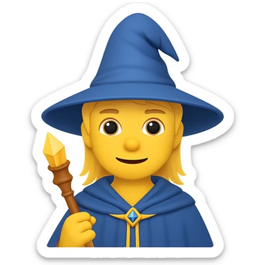 Create an image of a young wizard with yellow skin in the style of apple emojis, no background. sticker
