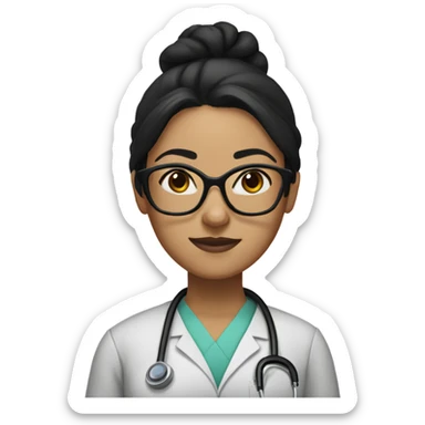 olive skinned woman doctor with black hair in a bun and glasses  sticker