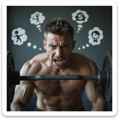 realistic, dramatic; average-fit man in gym, lifting weights, tense and worried face, sweat, eyes with visible anxiety, background with floating thought symbols (work, money, time, relationships), expressive body language, strong sense of mental stress sticker