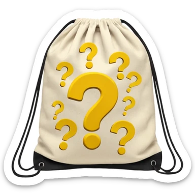 drawstring bag printed with overstuffed with yellow question marks sticker