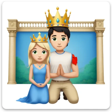Man as king, standing, black Hair, blue eyes, simple woman, blonde, green eyes, shott white sleveless Dress, kneeling, background palace sticker