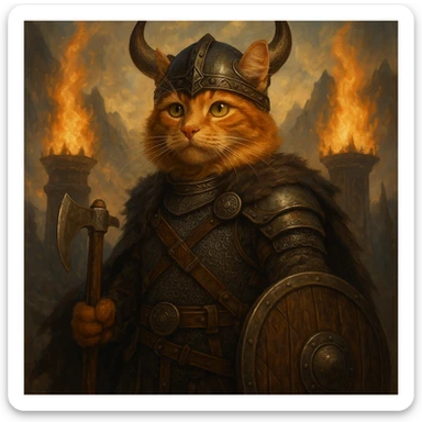ginger cat dressed as a Viking warrior, Valhalla setting, majestic, fantasy style sticker