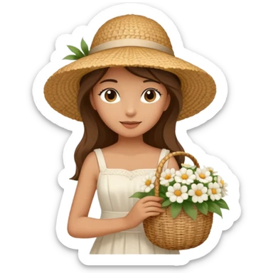summer beautiful wicker hat, beach beige bag and bouquet of white flowers and girl in Italy white dress sticker