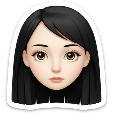 девушка с бледной кожей у неё длиные прямые черные волосы и челка ниже бровей глаза коричневого цвета худая у неё длиные ресницы sticker
