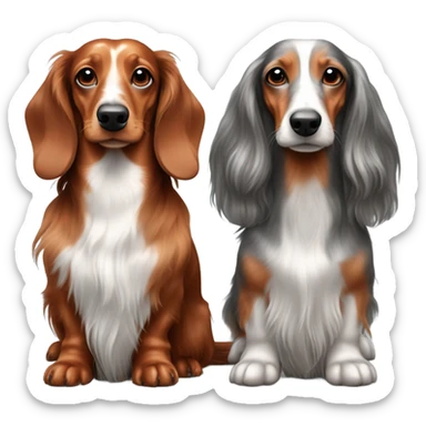 Long haired red dachshund and long haired silver dapple dachshund sitting together  sticker
