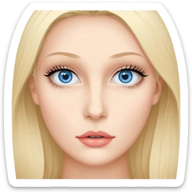 Bonnie Blue Porträt einer jungen Frau mit ovalem Gesicht, großen hellblauen Augen, langen Wimpern und geschwungenen Augenbrauen. Gerade, feine Nase und volle Lippen mit sichtbarem Lächeln. Glatte, leicht gebräunte Haut mit natürlichem Glow. Schulterlanges, blondes Haar mit Locken und Mittelscheitel sticker