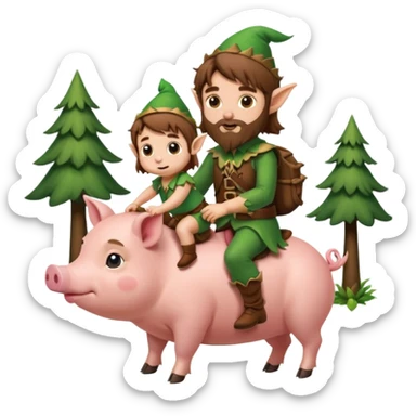 tiny forest elf man long brown hair beard riding baby pig sticker