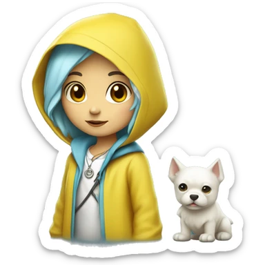 Cute little girl with light blue hair wearing a yellow raincoat hood up with white skin and short hair with cross necklace and staff sticker