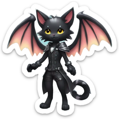 Shiny Cool Punk Black beautiful fantasy Kawaii Ethereal Sona Fakemon-cat-animal with edgy bat-wings-ears Full Body sticker