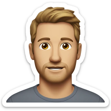 A head and shoulders shot of a 34 year old white man, with short brown hair, with stubble facial hair,   with brown eyes wearing a t-shirt. sticker