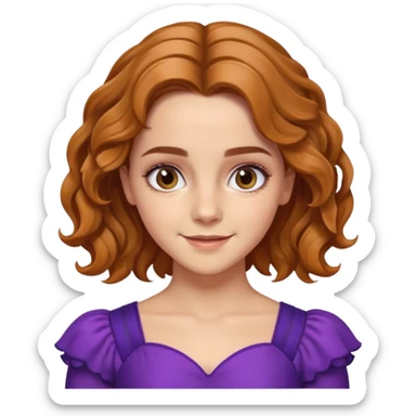 big biceps, muscled torso, very beautiful italian happy girl, looking like Emma Watson, with wavy bright hazelnut hair, dressed in a beautiful violet costume sticker