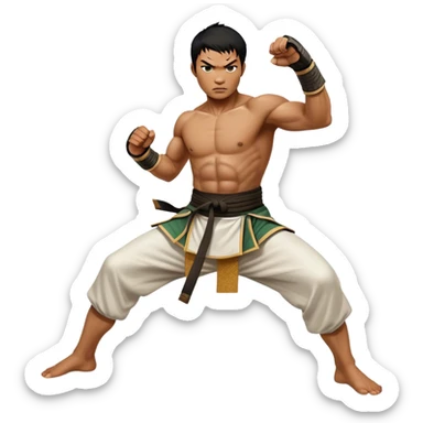 Tony Jaa – Cinematic Realistic Portrait of Tony Jaa, depicted as a dynamic martial arts warrior with intense eyes and a powerful stance in traditional Thai fighting attire, rendered in mid-motion with dramatic lighting and high-detail textures that capture his raw physicality and grace. sticker