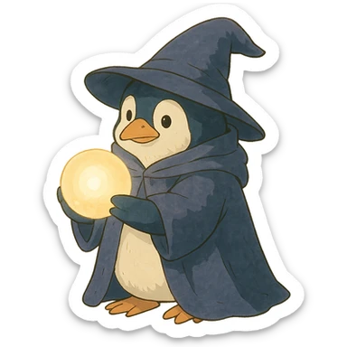 ghibli style penguin wizard holding a glowing orb sticker