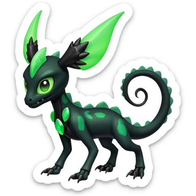 Horned Evil Cool Handsome Badass Edgy Obsidian-black and neon-glowing-green skeletal Meloetta-Salandit-Gorebyss-Zygarde-Pokémon-Fakémon-creature-fusion-hybrid sticker