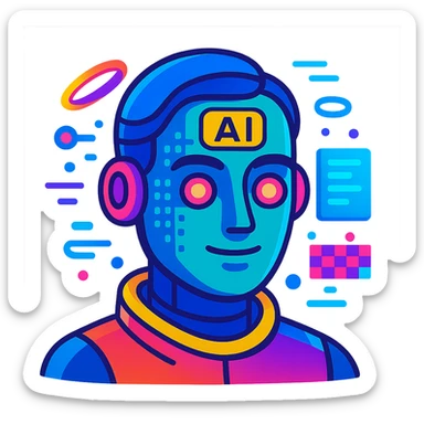 futuristic AI-Ambassador, abstract AI face with digital patterns, floating holographic elements, vibrant colors in vibrant toon style sticker