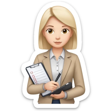 a person holding a checklist and pen, wearing smart casual clothing. The character is in a focused pose sticker